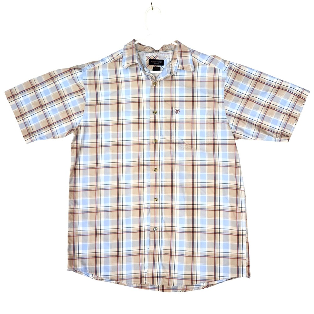 ARIAT Pro Series Shirt Short Sleeve Plaid Button Down Blue Tan Western Large
